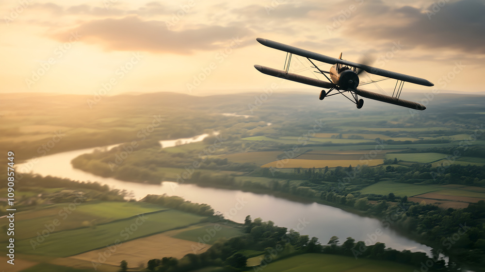 Fototapeta premium A classic propeller-driven biplane flying over a scenic countryside, with fields and rivers visible below, evoking nostalgia for aviation's early days. A biplane flying over rural landscapes.