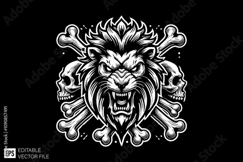 lion skull and crossbones illustration black and white vector design