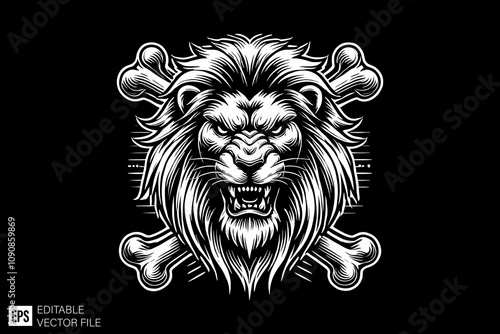lion skull and crossbones illustration black and white vector design
