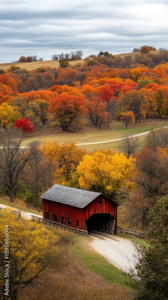 A stunning view of the historic covered bridge surrounded by vibrant fall foliage in a rural landscape A stunning view of the historic covered bridge surrounded by vibrant fall foliage in a rural landscape