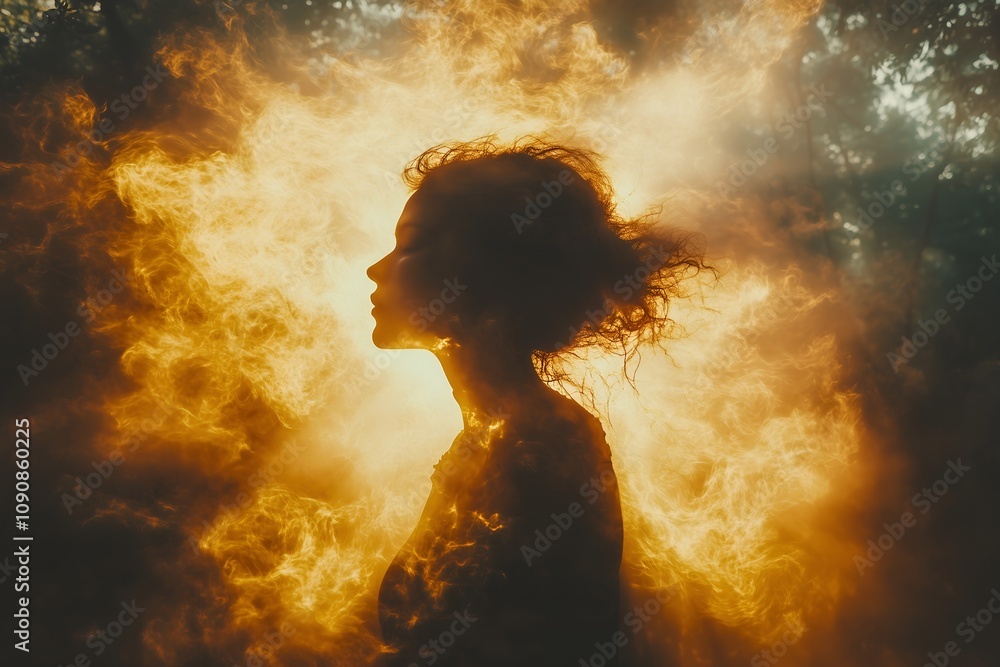 Naklejka premium Woman surrounded by flames in a mystical forest setting at twilight