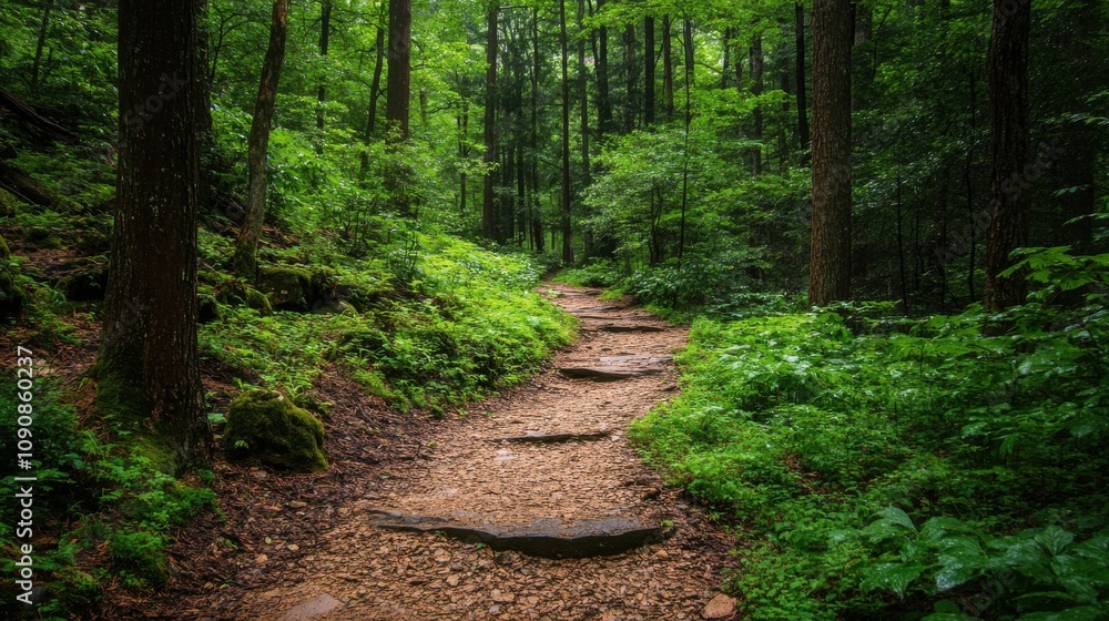 Fototapeta premium Scenic hiking trails winding through dense forests, leading to breathtaking viewpoints and hidden waterfalls.