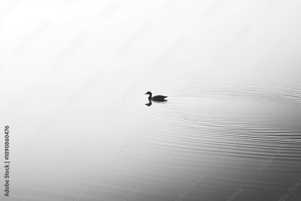 Fototapeta premium A Single Duck Swimming in Calm Water Creating Ripples