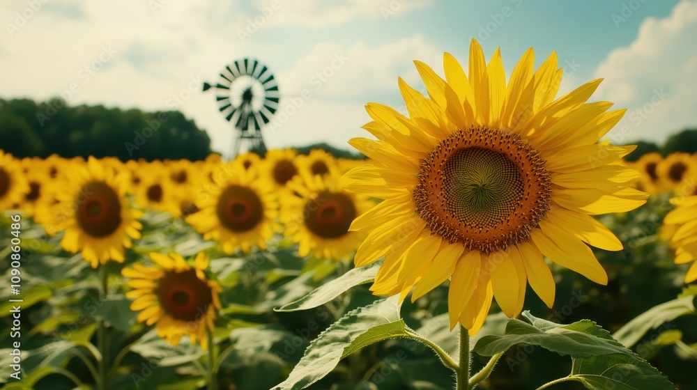 Fototapeta premium A vibrant sunflower field with a traditional windmill in the background.