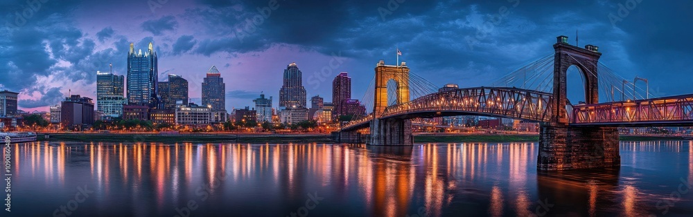 Obraz premium Captivating evening view of Cincinnati skyline illuminated by city lights reflecting on the river