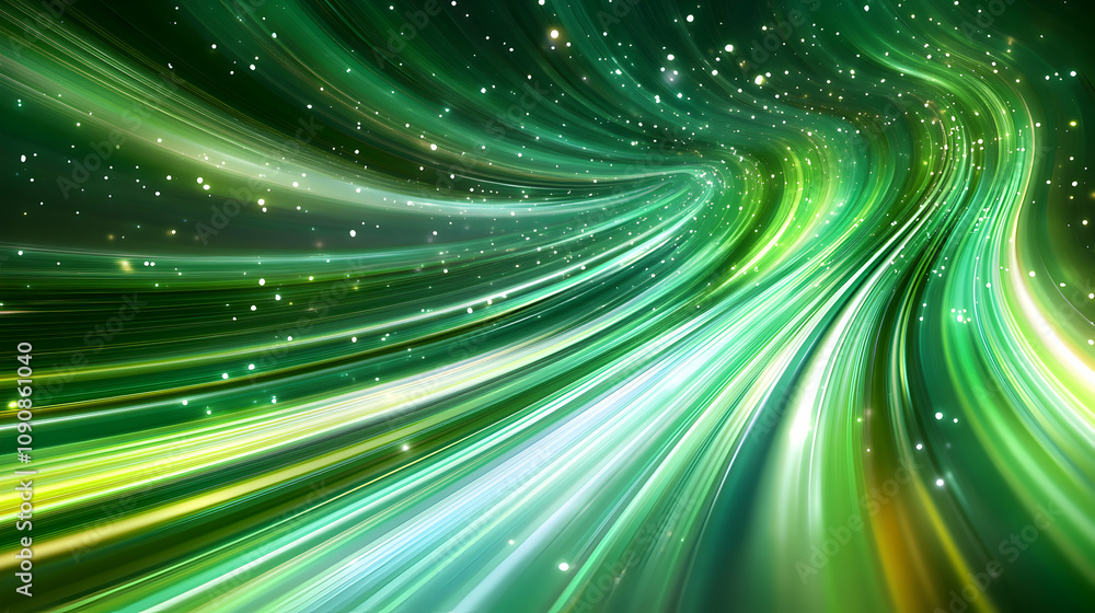 Abstract Green Light Streaks Background: A Dynamic 3D Illustration of Swirling, Glowing Lines with Sparkling Particles, Creating a Futuristic and Energetic Visual. Abstract Green Light Streaks Background: A Dynamic 3D Illustration of Swirling, Glowing Lines with Sparkling Particles, Creating a Futuristic and Energetic Visual.