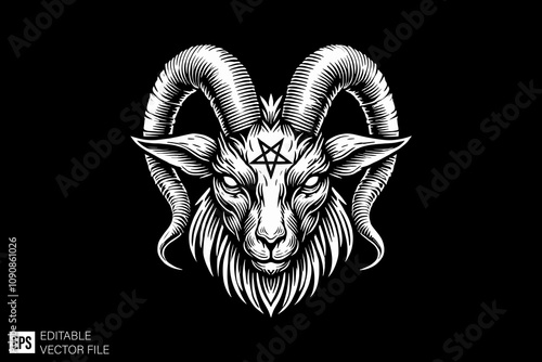 satanic goat illustration black and white vector design