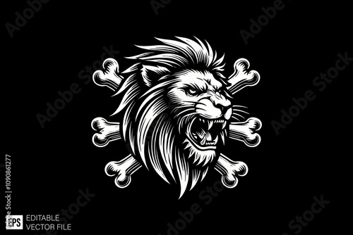 lion skull and crossbones illustration black and white vector design
