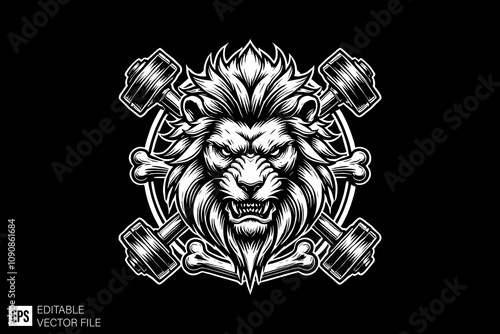 lion skull and crossbones illustration black and white vector design