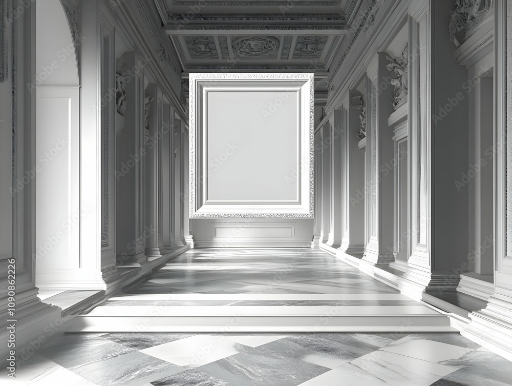 Fototapeta premium 3D Illustration White Museum Gallery Interior, Frame, Marble Floor, Columns