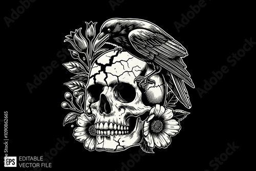 skull and raven tattoo illustration black and white vector design