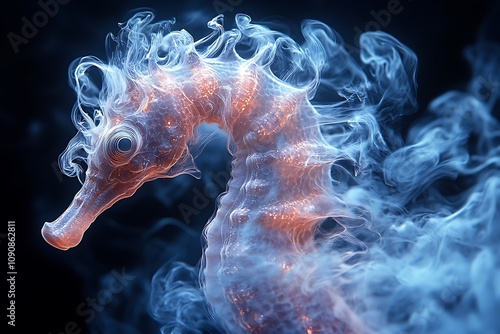 A mystical seahorse made of smoke and light, submerged in blue depths. photo