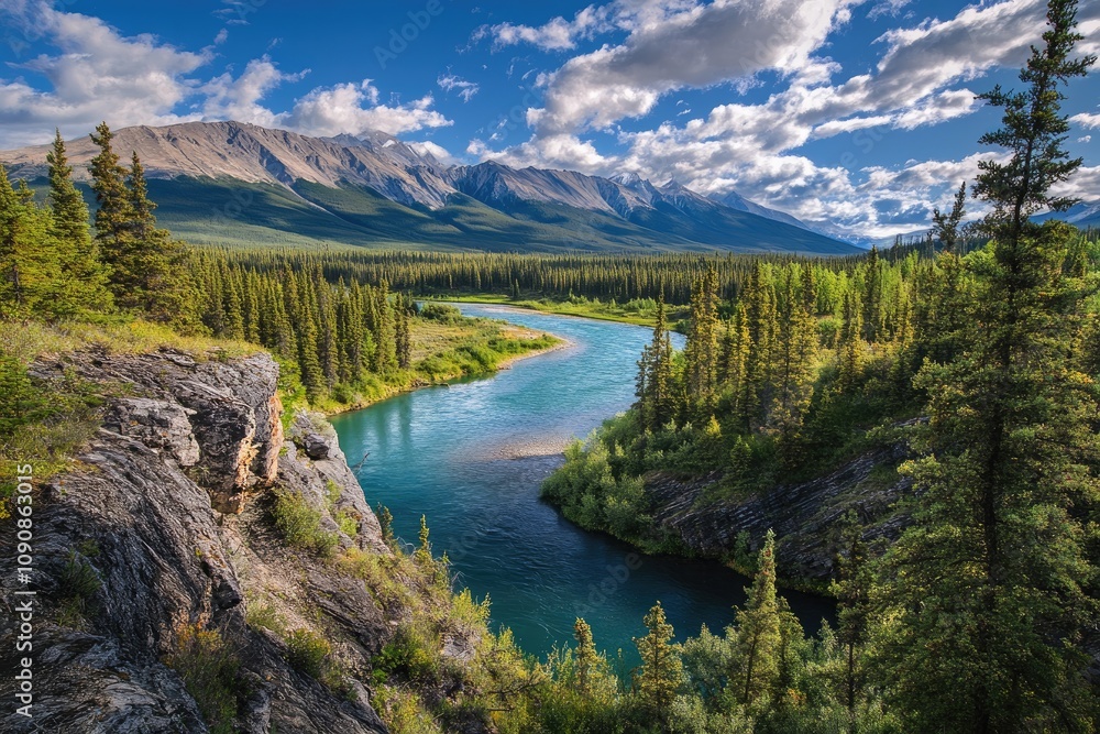 Fototapeta premium A Serene River Winding Through a Lush Forest and Majestic Mountains Under a Blue Sky With White Clouds