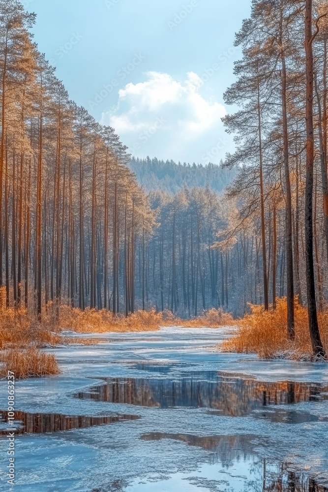 Obraz premium Frozen Lake Reflections Serene lake under a blue sky, surrounded by frost-covered pines in winter.