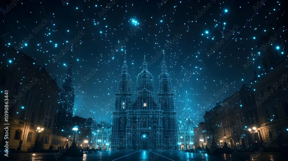 Fototapeta premium Illustration - Digital Cityscape Church Night Architecture Futuristic