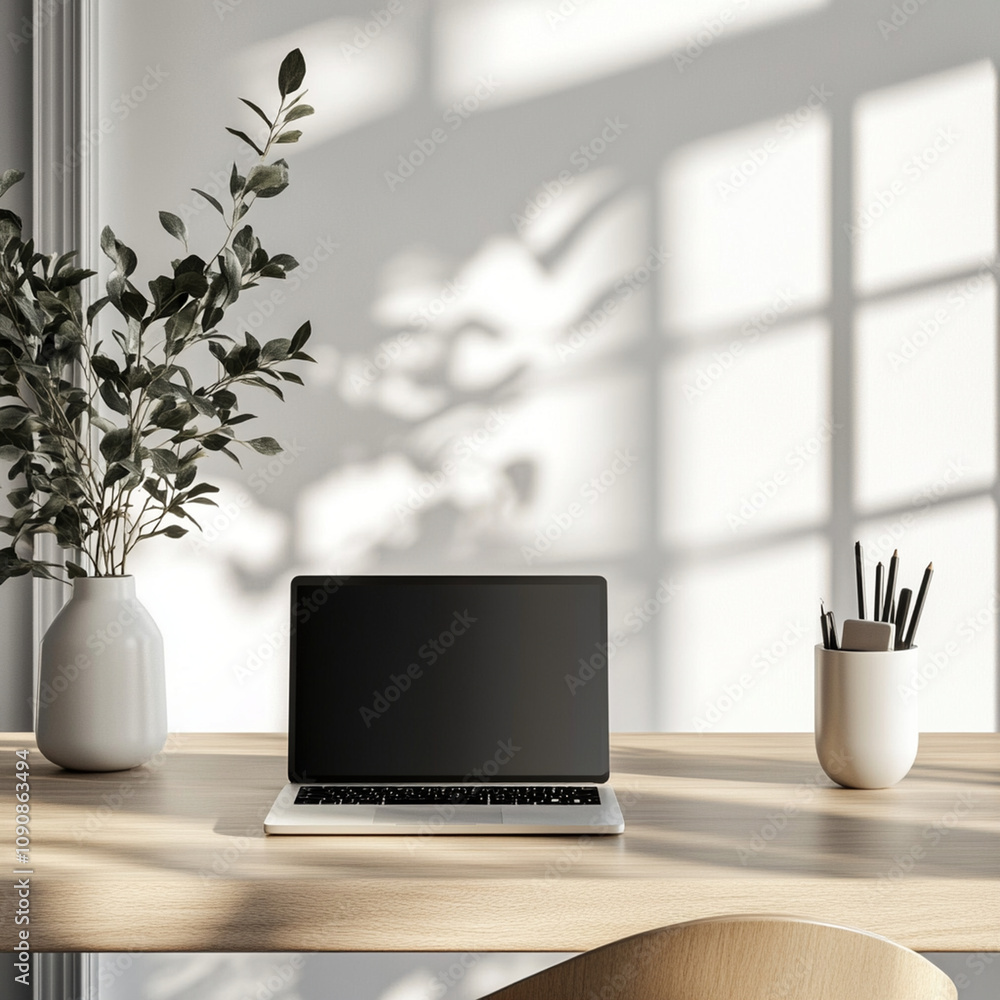 Fototapeta premium minimalist office setup with laptop on wooden desk, accompanied by vase of greenery and cup of pens, bathed in soft natural light