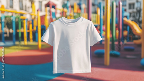 white children t shirt is displayed in front of colorful playground, creating vibrant and playful atmosphere. background features various playground equipment in bright colors
