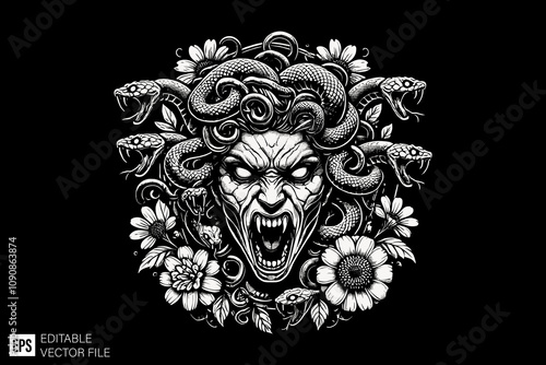 scary medusa head illustration black and white vector design