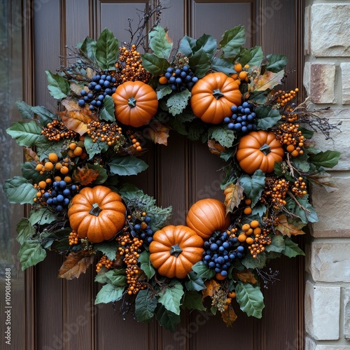 Wallpaper Mural A decorative autumn wreath featuring pumpkins, berries, and leaves on a door. Torontodigital.ca