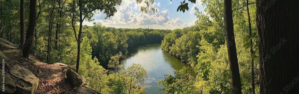 Fototapeta premium A breathtaking panorama of the Hoosier National Forest with lush greenery and a serene river in the foreground under a clear sky