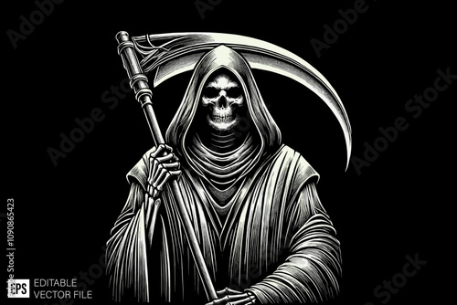 skull grim reaper holding scythe illustration black and white vector design