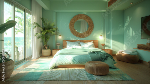 A calming, seafoam-green room that's a coastal escape. photo