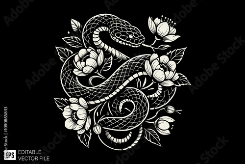 snake and rose tattoo illustration black and white vector design