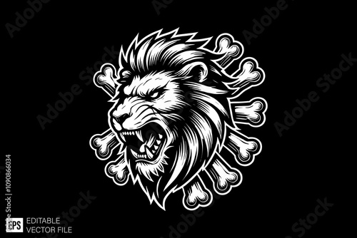 lion skull and crossbones illustration black and white vector design