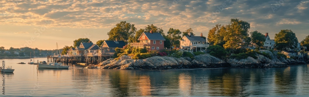 Fototapeta premium A tranquil sunset over the Thimble Islands highlighting charming homes and calm waters in a picturesque coastal setting