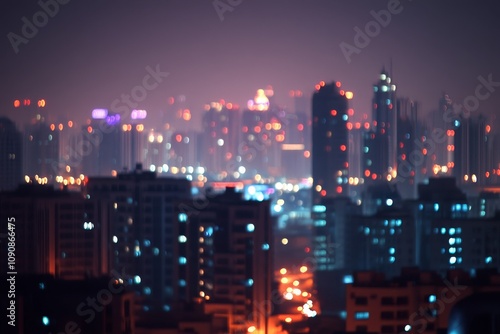 Wallpaper Mural Night City Lights Blurred Background - Cityscape at night, bokeh effect, urban scene, illuminated buildings, night lights.  Symbolizes urban life, modern city, night beauty, tranquility, and mystery. Torontodigital.ca