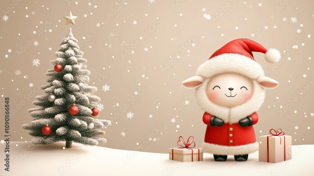 Fototapeta premium Kawaii sheep in Santa attire beside a Christmas tree and gifts
