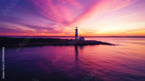 A peaceful sunset casts vibrant colors over the Sakonnet Lighthouse and shimmering waters of the surrounding coastline photo