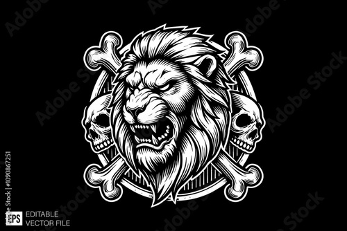 lion skull and crossbones illustration black and white vector design