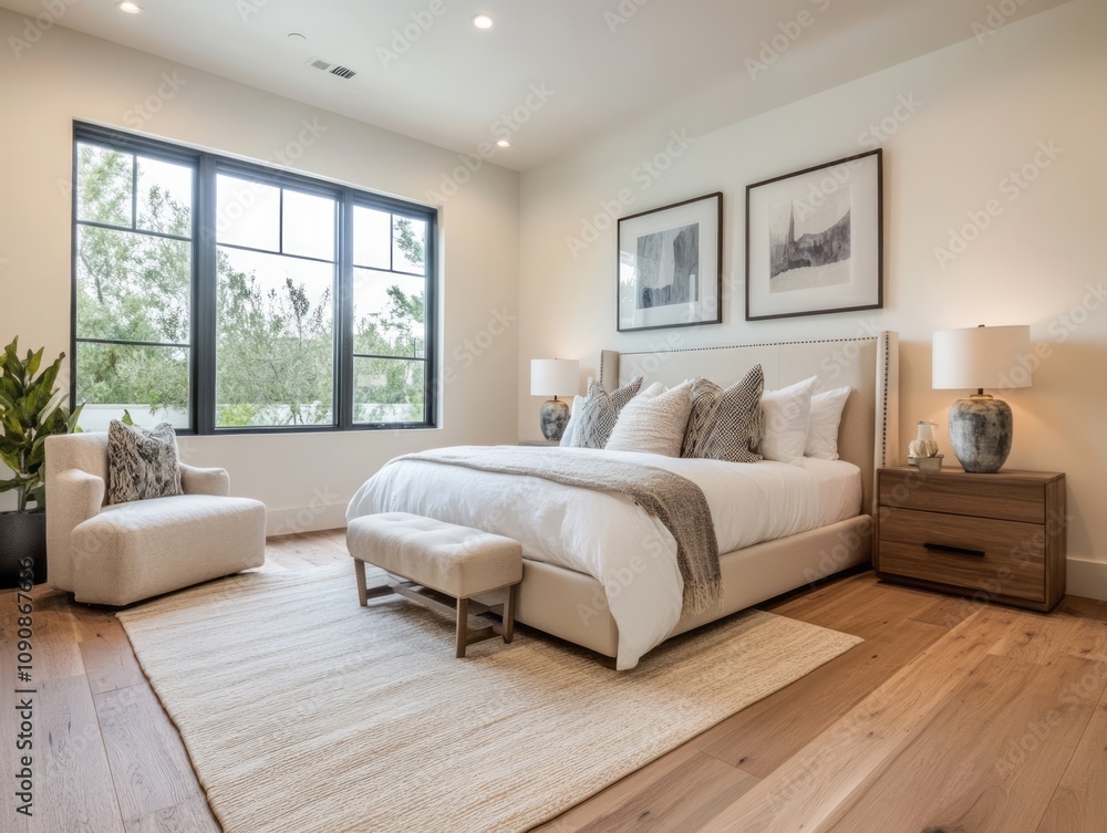 Fototapeta premium Modern Bedroom Design Featuring Neutral Tones And Natural Light