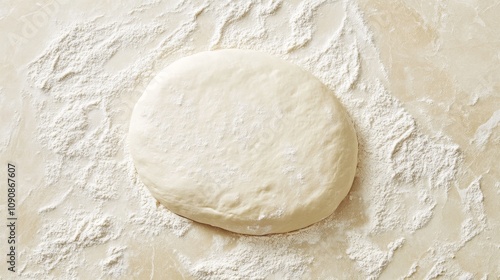 Perfectly Shaped Raw Pizza Dough - Ready-to-bake pizza dough, smooth, round, uncooked, floury surface, culinary art.