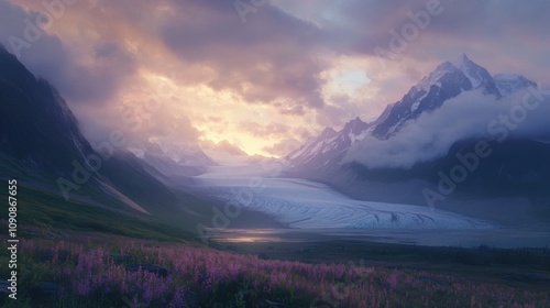 A tranquil sunset over the glaciers of Wrangell-St Elias National Park in Alaska, surrounded by majestic mountains and wildflowers photo