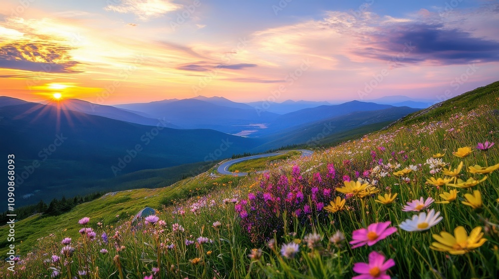 Obraz premium Experience stunning sunsets along Mt Washington Auto Road, framed by vibrant wildflowers in New Hampshire’s serene landscape