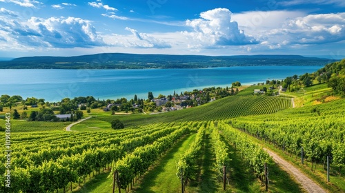 Wallpaper Mural A stunning view of vineyards overlooking the tranquil waters of the Finger Lakes region under a vibrant blue sky Torontodigital.ca