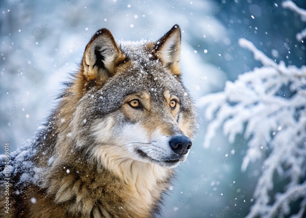 Fototapeta premium Majestic Wolf in a Snowy Landscape: Capturing the Beauty of Nature's Winter Wonderland with a Close-Up of a Wolf Amidst Snowflakes and Frosty Pines