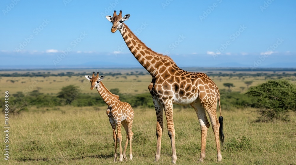 Obraz premium Giraffe and calf in African savanna.
