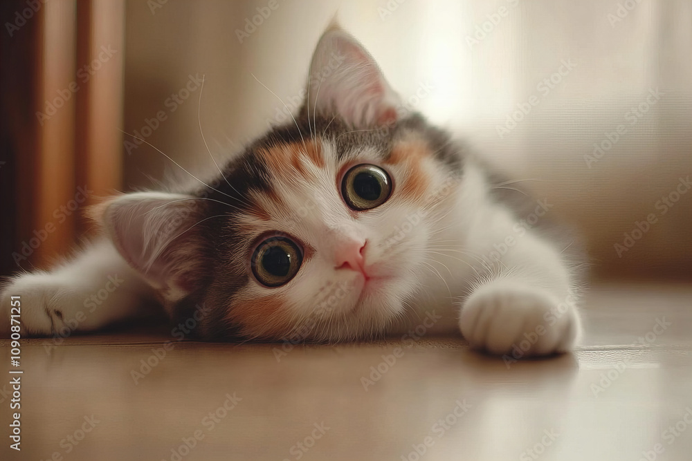 Naklejka premium Adorable kitten with big round eyes lying on a soft carpet in a cozy home setting, showcasing a mix of playfulness and tranquility, ideal for pet lovers, home decor inspiration, and lifestyle visuals.