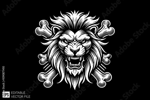 lion skull and crossbones illustration black and white vector design