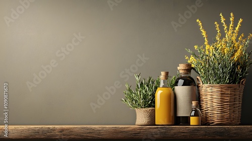 Gathering of Natural Oils and Herbal Poultices on a Rustic Wooden Tray in Soft Neutral Tones. Natural Healing Concept photo