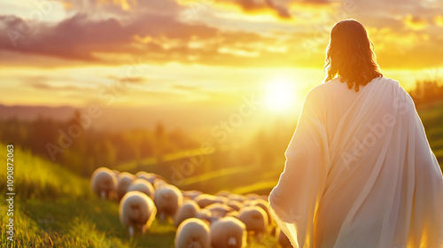 Jesus is tending sheep. The thematic concept of the biblical story. photo