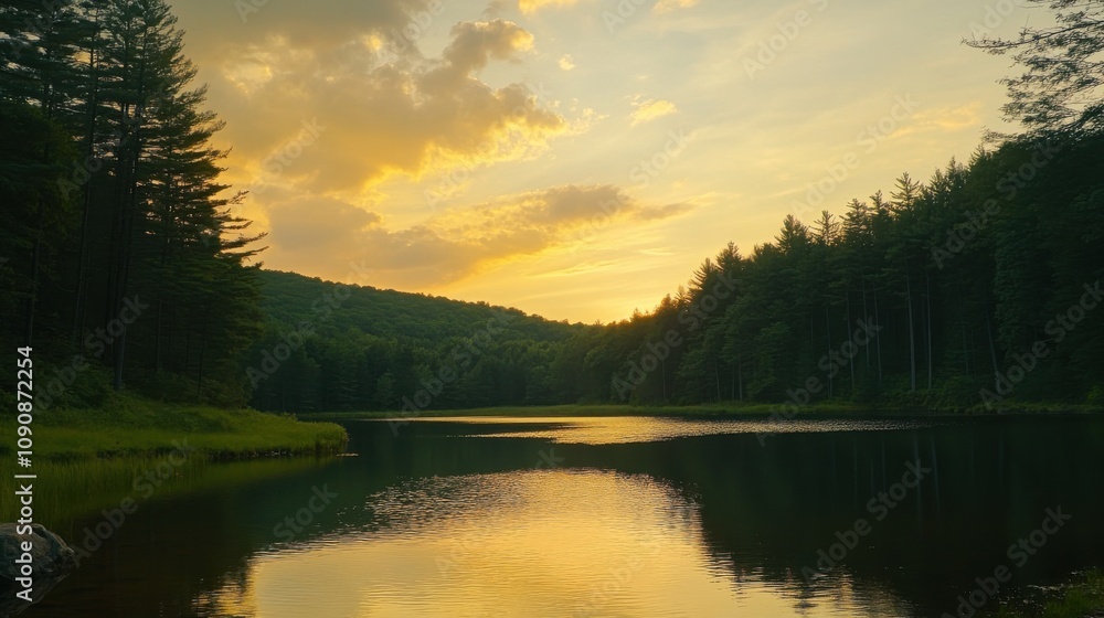 Fototapeta premium Breathtaking sunset over a tranquil lake in Allegheny National Forest with lush trees reflecting on still waters