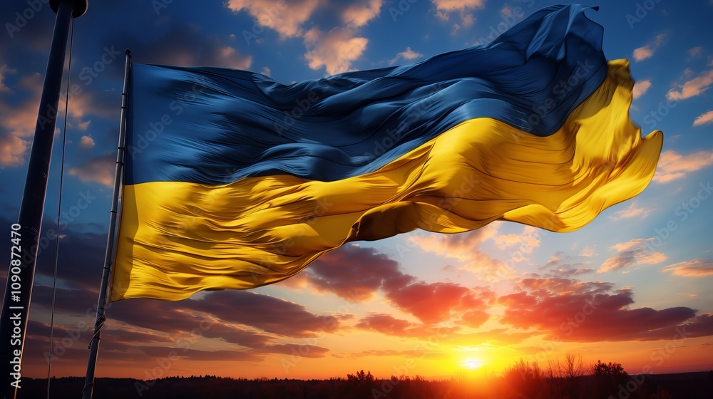 Fototapeta premium Vibrant Ukrainian flag waving against a stunning sunset backdrop. Generative AI