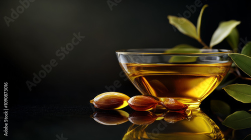 Jojoba oil in a clear bowl surrounded by nuts and green leaves