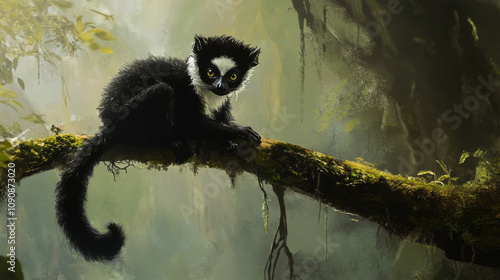 A young black and white lemur perches on a mossy branch., AI Generative