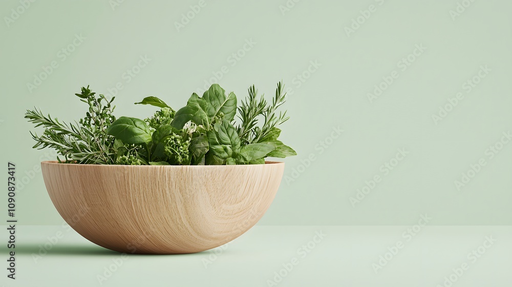 A Beautiful Wooden Bowl Filled with Fresh Herbs and Green Plants for a Natural Touch. Natural Healing Concept A Beautiful Wooden Bowl Filled with Fresh Herbs and Green Plants for a Natural Touch. Natural Healing Concept