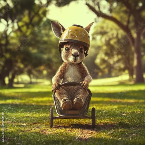 A kangaroo wearing a helmet struggles to ride a toy cart while enjoying a sunny day in a park photo